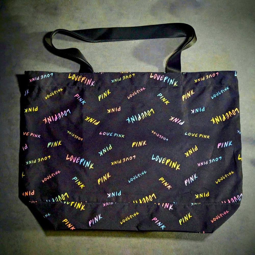 PINK NWOT TOTE BY VICTORIAS SECRET LARGE BLACK& NEON MULTICOLORED ZIPPER CLOSURE